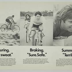 Three images of people cycling. Black printed text below.