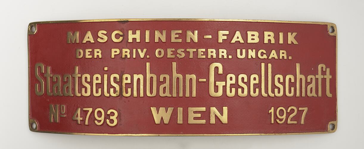 Locomotive Builders Plate - Staatseisenbahn-Gesellschaft, Vienna, Austria, 1927