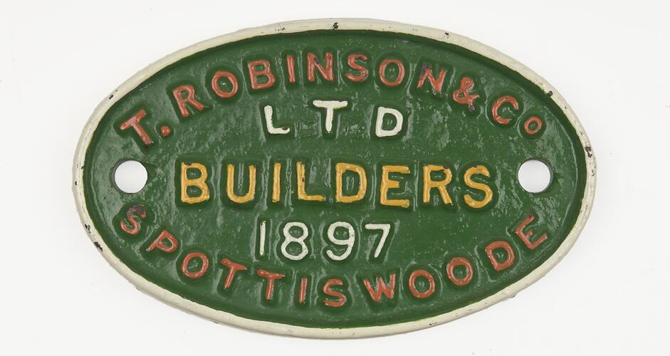 Rollingstock Builders Plate - T. Robinson & Co. Spottiswoode, 1897