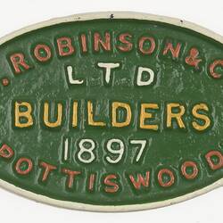 Rollingstock Builders' Plate - T. Robinson & Co. Ltd, Spotswood, Victoria, 1897