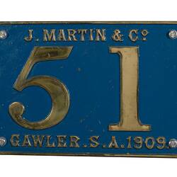 Locomotive Builders Plate - J. Martin & Co., Gawler, South Australia, 1909