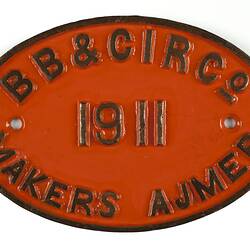 Locomotive Builders Plate - Bombay, Baroda & Central Indian Railway Workshops, Ajmer, India, 1911