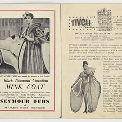 Open booklet, advertisement of female in fur coat, burlesque dancer and text.