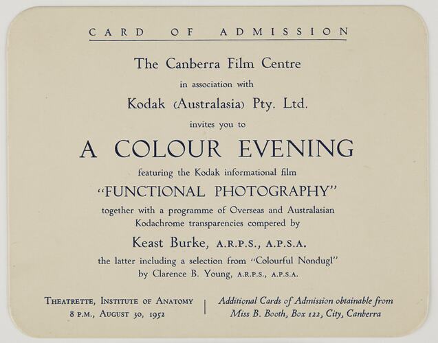 Invitation - Kodak Australasia Pty Ltd, 'A Colour Evening', Admission Card, Canberra, 30 Aug 1952