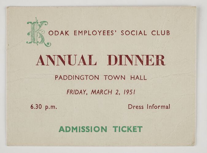 Ticket - Kodak Australasia Pty Ltd, 'Annual Dinner', Sydney, 02 Mar 1951