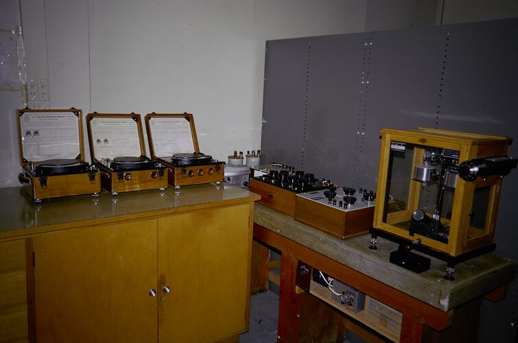 Equipment on bench in laboratory.