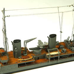 Naval ship with two masts, detail of centre of deck.