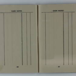 Open booklet, two white pages with black printing. Page 64 and 65.