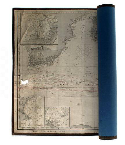 Partially unrolled ship navigational map/chart showing Africa and the Southern ocean.