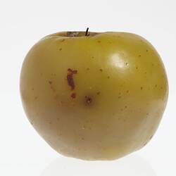 Yellow apple model with small and large brown spots. Profile.