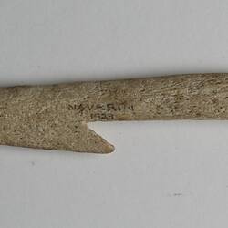Wa-pitha tush [whale bone] harpoon head collected from a kitchen midden on the shore of Rio Douglas, Navarino Island, May 1929.