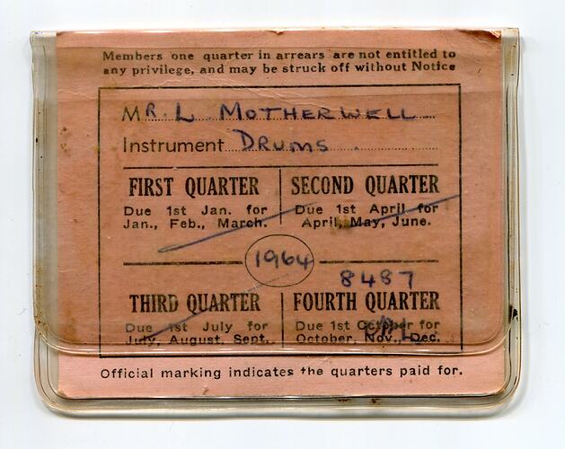 Card - Lindsay Motherwell, Musicians Union of Australia, Melbourne, 1964
