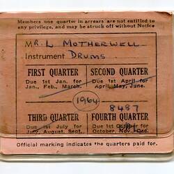 Card - Lindsay Motherwell, Musicians Union of Australia, Melbourne, 1964