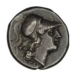 Head of Greek goddess Pallas Athena faces right wearing crested Corinthian helmet, earring and necklace.