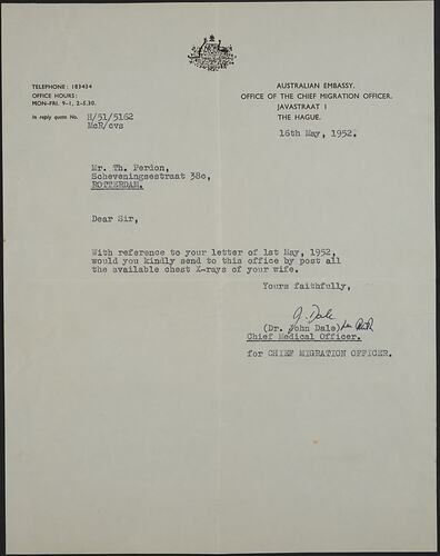 Letter - Chief Medical Officer, Australian Embassy, The Hague To Theodorus Perdon, Rotterdam, The Netherlands, 16 May 1952