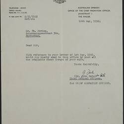 Letter - Chief Medical Officer, Australian Embassy, The Hague To Theodorus Perdon, Rotterdam, The Netherlands, 16 May 1952