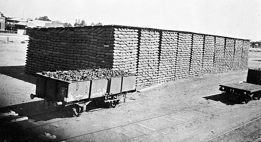 [A wheat stack, Manangatang rail yard, circa 1937.]