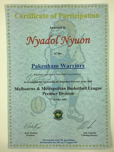 Participation Certificate - Nyadol Nyuon, Pakenham & District Basketball Association, Melbourne & Metropolitan Basketball League Premier Division, 7 Oct 2005