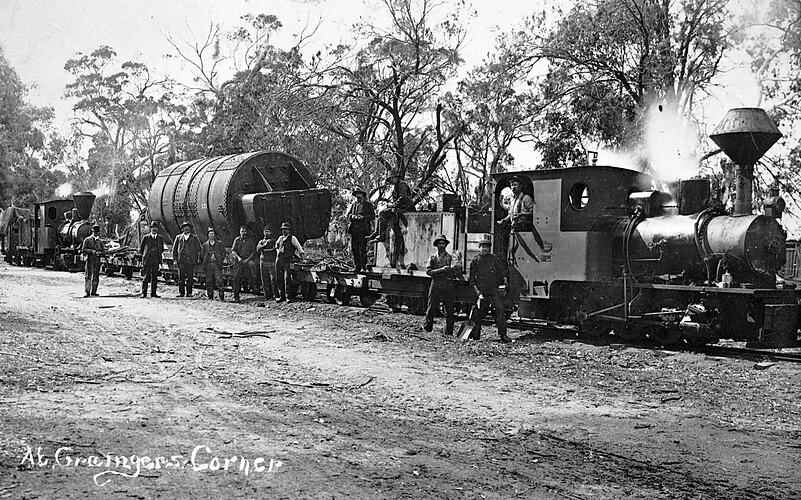 Steam locomotives moving a steam boiler, Mullungdung, circa 1915.