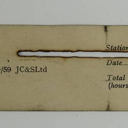 Long slim buff coloured card with black inscription.
