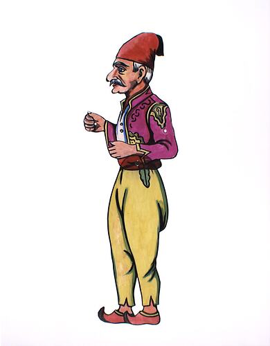 Two dimensional acrylic puppet of an elderly man with a moustache wearing a pink jacket and yellow pants.