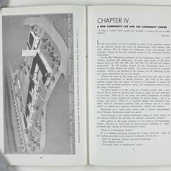 Open booklet with white pages and black printing. Aerial view of housing plan on left.