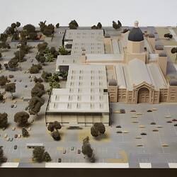 Architectural model of Royal Exhibition Building, Carlton Gardens with fountains, carpark and annexes.