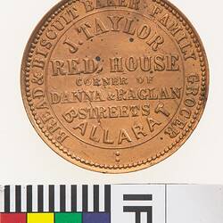 Token - 1 Penny, J. Taylor, Bread & Biscuit Baker, Family Grocer, Ballarat, Victoria, Australia, 1862