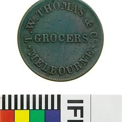 Token - Halfpenny, T.W. Thomas & Co, Grocers, Melbourne, Victoria, Australia, 1854