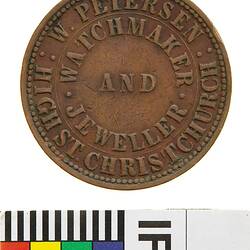 Token - 1 Penny, W. Petersen, Christchurch, Watchmaker & Jeweller, Christchurch, New Zealand, circa 1863