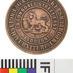Token - 1 Penny, G.& W.H. Rocke, Furniture Importers, Melbourne, Victoria, Australia, 1859