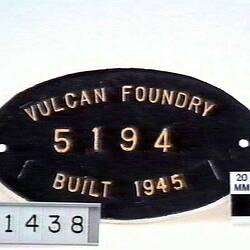 Locomotive Builders Plate - Vulcan Foundry, Newton-Le-Willows, Lancashire,1945