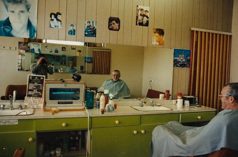 Digital Photograph - Barber & Male Customer inside Barber's Shop, Oakleigh, 1990s