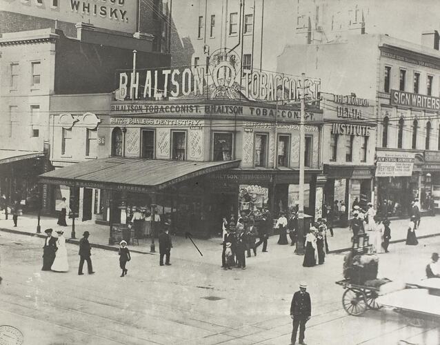 Digital Photograph - View of BH Altson Tobacconist, Corner of Collins & Elizabeth Streets, Melbourne, 1890-1900