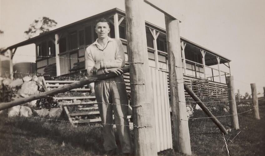 Digital Photograph - Man Standing at Gate of Holiday House, Ferntree Gully, 1935