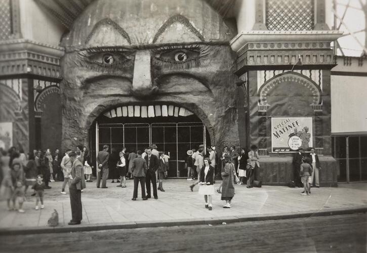 Digital Photograph - Crowds outside 'Moonface' Entrance to Luna Park, St Kilda, 1949