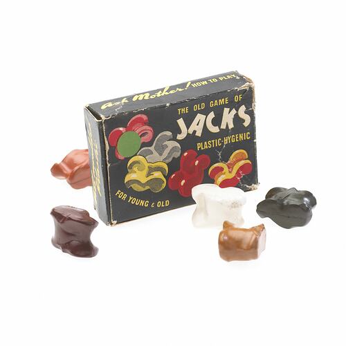 Box of plastic knucklebones, 'The Old Game of Jacks', 1954