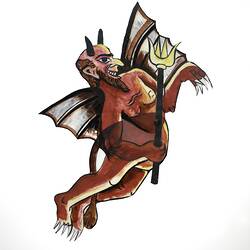 A red devil figure with wings and horns.