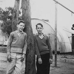 Two Boys in Front of Nissen Hut, Nunawading Migrant Hostel, 1958-1959