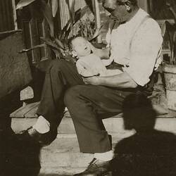 Digital Photograph - Father Sitting with Baby on Back Porch Steps, South Melbourne, 1930s