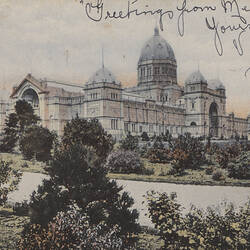 Postcard, Royal Exhibition Building, Colour with writing in one corner.
