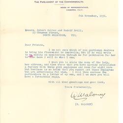 Letter - Parliament of the Commonwealth to Robert Salter and Rudolf Brill, 8th Nov, 1938