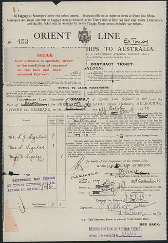 Passenger Contract Ticket - Letho, Lili & Danae Sigalas, 1930