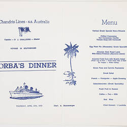 Menu - SS Australis, 27th Apr 1972