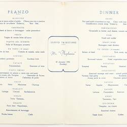 Menu - Italian Lloyd Triestino Line, MN Neptunia, Dinner, 20 Jan 1952