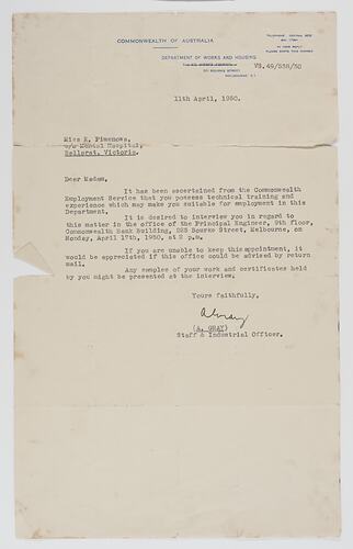 Letter - Department of Works and Housing, 11/04/1952