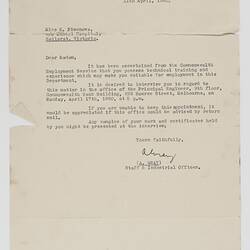 Letter - Interview, A Gray Department of Works & Housing to Katarina Pimenowa, 11 Apr 1950