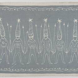 Place Mat - Human Figures With Headdresses & Spears, Blue on Cream, 1960