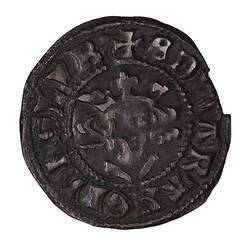 Coin, round, a crowned bust of the King facing; text around, + EDWA R ANGL DNS HYB.