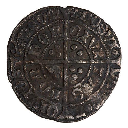 Coin, round, long cross pattee dividing legend; text around in two concentric circles.